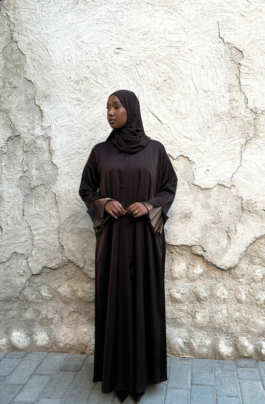 Brown Pleated Satin Abaya (PRE-ORDER)